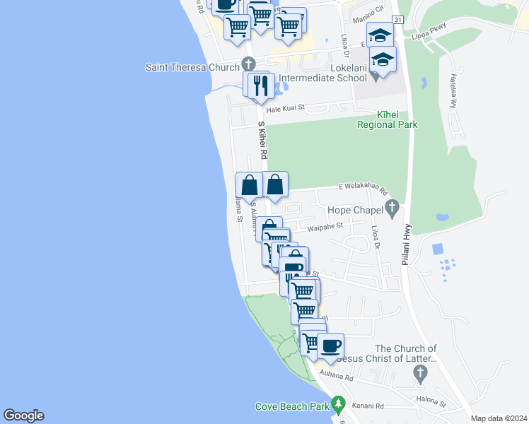 map of restaurants, bars, coffee shops, grocery stores, and more near 1656 South Kihei Road in Kihei