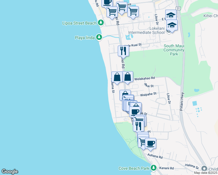 map of restaurants, bars, coffee shops, grocery stores, and more near 1640 Halama Street in Kihei