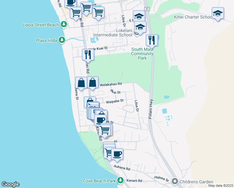 map of restaurants, bars, coffee shops, grocery stores, and more near 162 Akai Street in Kihei