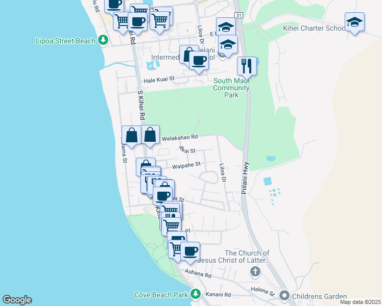 map of restaurants, bars, coffee shops, grocery stores, and more near 162 Akai Street in Kihei
