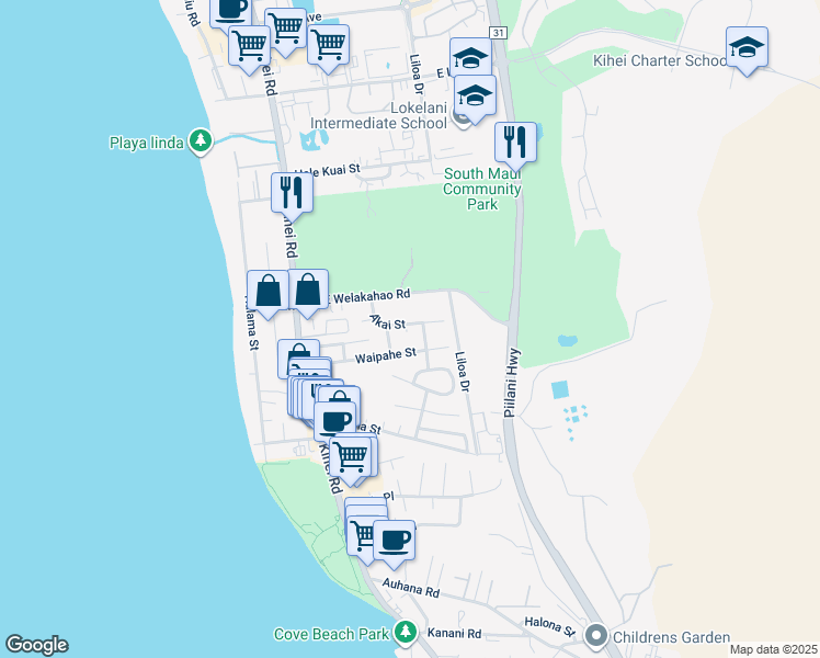 map of restaurants, bars, coffee shops, grocery stores, and more near 184 Akai Street in Kihei