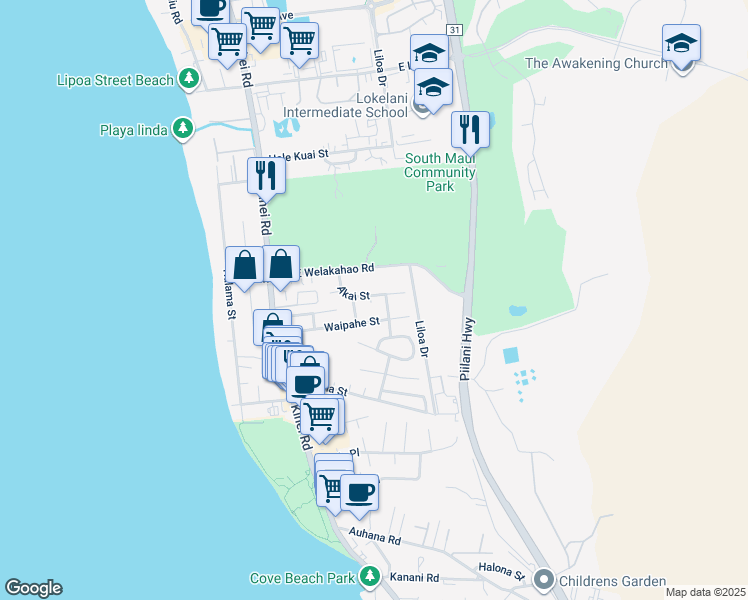map of restaurants, bars, coffee shops, grocery stores, and more near 184 Akai Street in Kihei