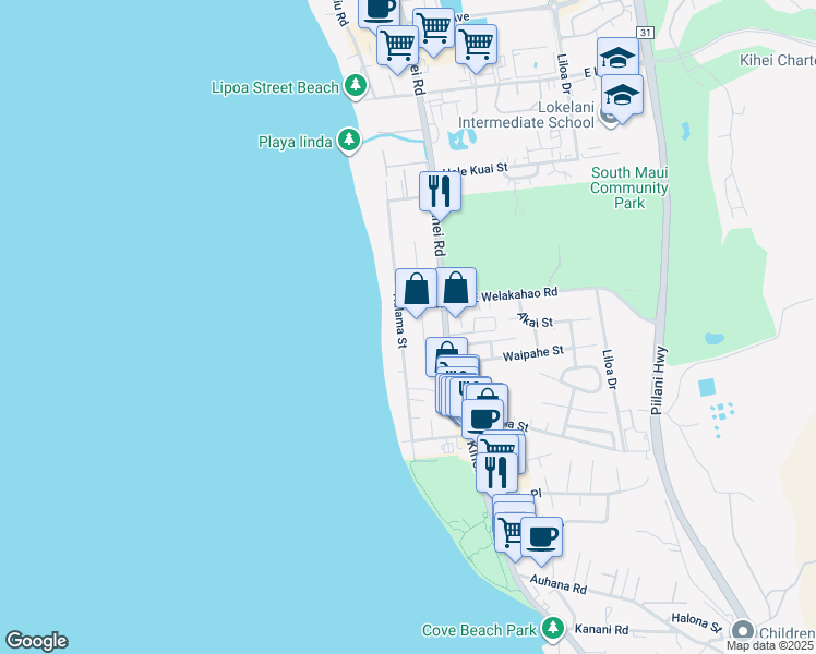 map of restaurants, bars, coffee shops, grocery stores, and more near 1649 Halama Street in Kihei