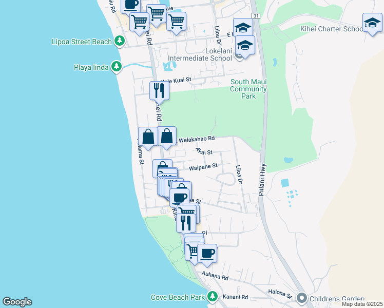 map of restaurants, bars, coffee shops, grocery stores, and more near 82 Alena Place in Kihei