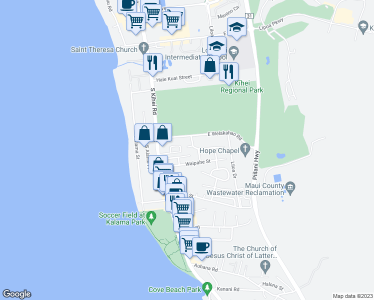 map of restaurants, bars, coffee shops, grocery stores, and more near 82 Alena Place in Kihei