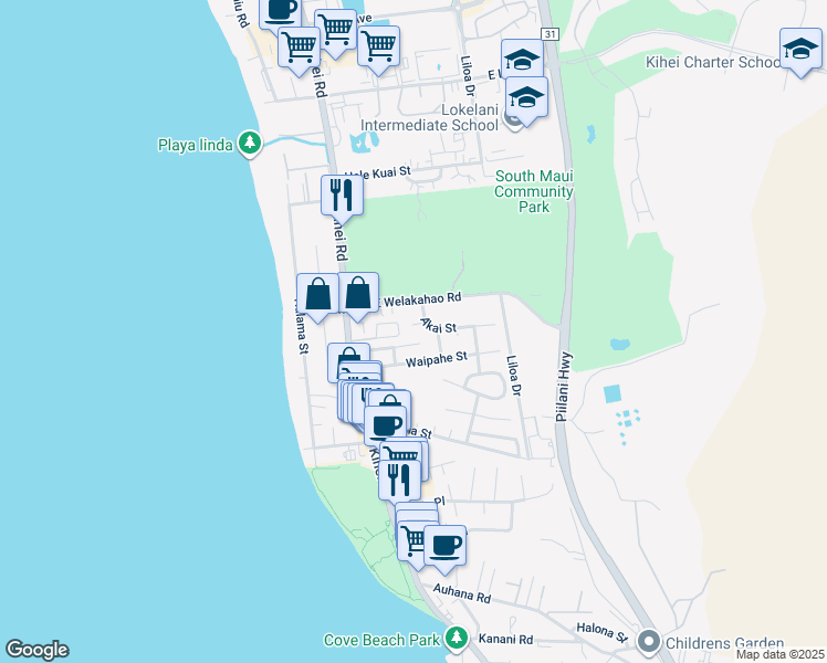 map of restaurants, bars, coffee shops, grocery stores, and more near 82 Alena Place in Kihei