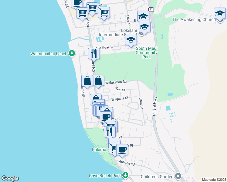 map of restaurants, bars, coffee shops, grocery stores, and more near 88 Alena Place in Kihei