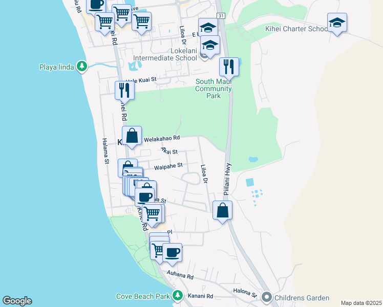 map of restaurants, bars, coffee shops, grocery stores, and more near 216 Akai Street in Kihei