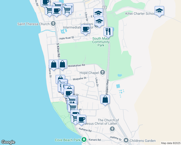 map of restaurants, bars, coffee shops, grocery stores, and more near 216 Akai Street in Kihei