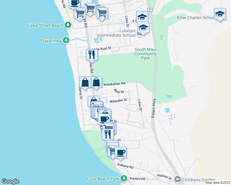 map of restaurants, bars, coffee shops, grocery stores, and more near 98 Alena Place in Kihei