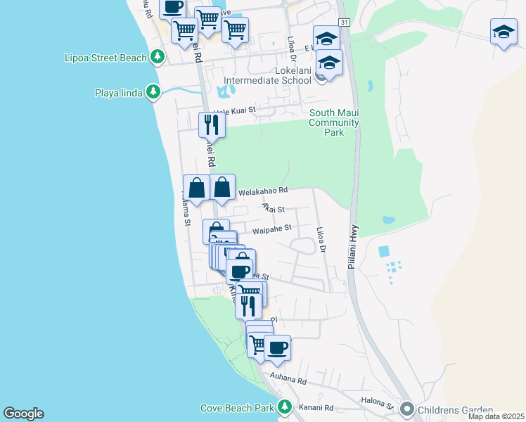 map of restaurants, bars, coffee shops, grocery stores, and more near 96 Alena Place in Kihei