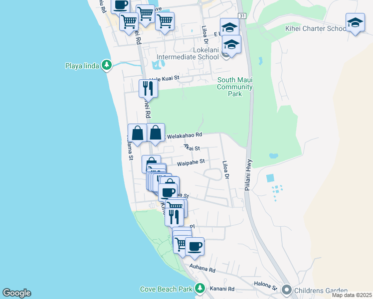 map of restaurants, bars, coffee shops, grocery stores, and more near 98 Alena Place in Kihei