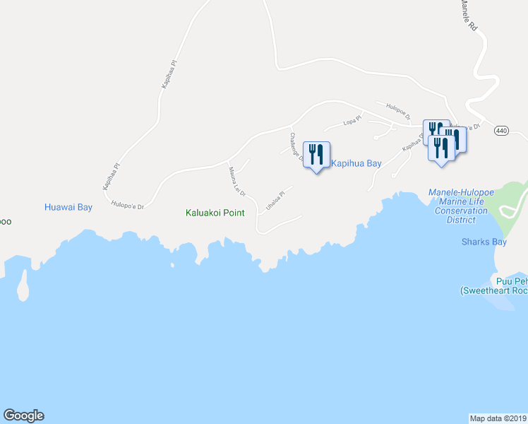 map of restaurants, bars, coffee shops, grocery stores, and more near 34 Uhaloa Place in Lanai City