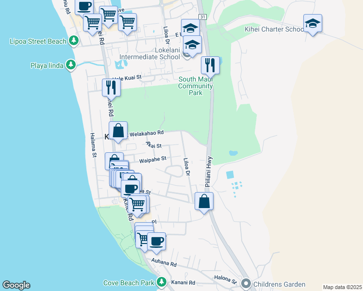 map of restaurants, bars, coffee shops, grocery stores, and more near 236 Akai Street in Kihei