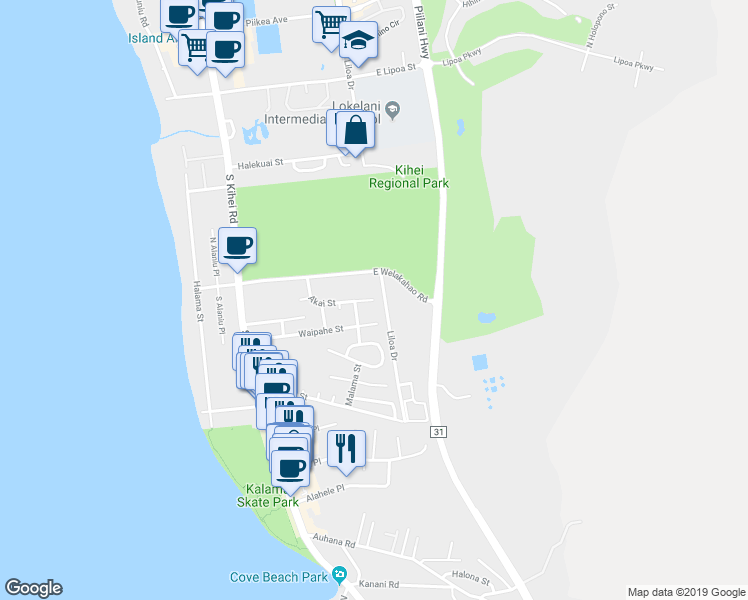 map of restaurants, bars, coffee shops, grocery stores, and more near 235 Akai Street in Kihei