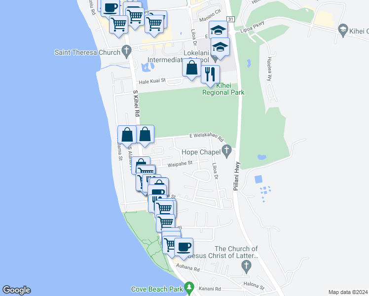 map of restaurants, bars, coffee shops, grocery stores, and more near 165 Akai Street in Kihei