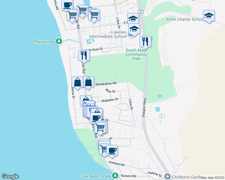 map of restaurants, bars, coffee shops, grocery stores, and more near 165 Akai Street in Kihei