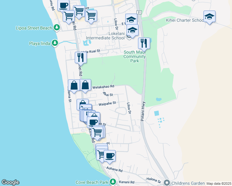 map of restaurants, bars, coffee shops, grocery stores, and more near 193 Akai Street in Kihei