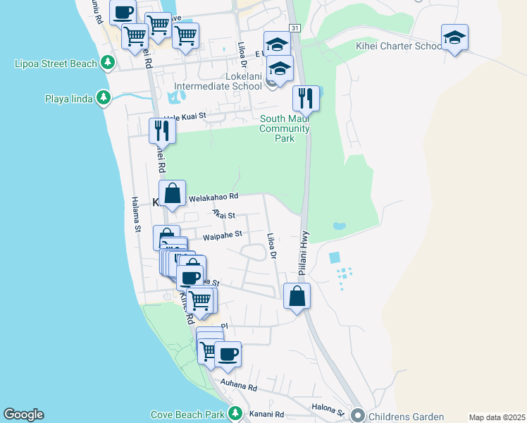 map of restaurants, bars, coffee shops, grocery stores, and more near 233 Akai Street in Kihei