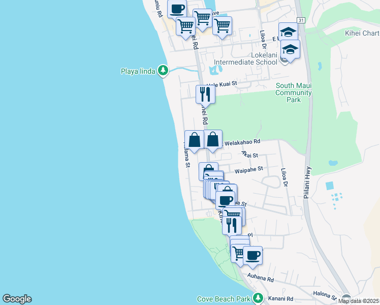 map of restaurants, bars, coffee shops, grocery stores, and more near 1625 Halama Street in Kihei