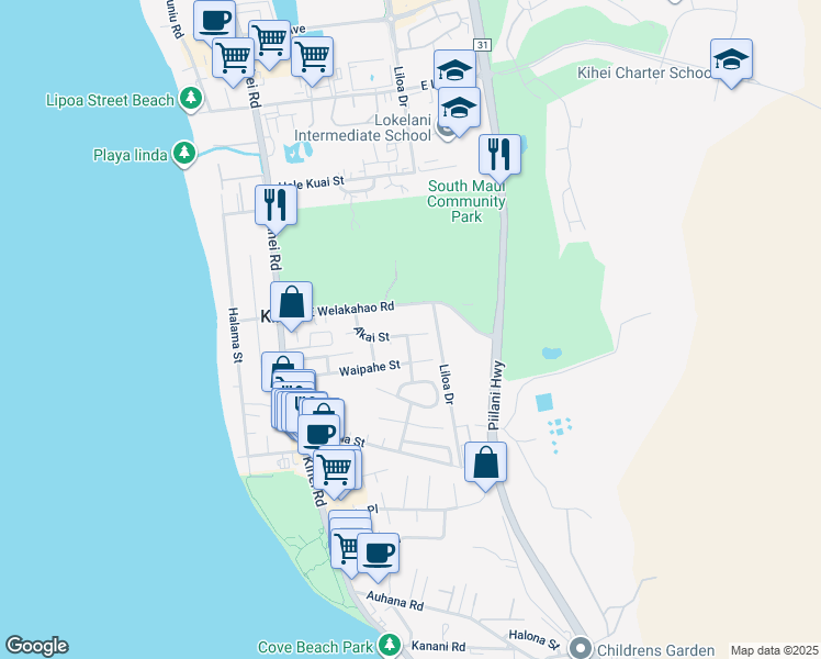 map of restaurants, bars, coffee shops, grocery stores, and more near 211 Akai Street in Kihei