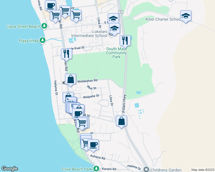 map of restaurants, bars, coffee shops, grocery stores, and more near 233 Akai Street in Kihei