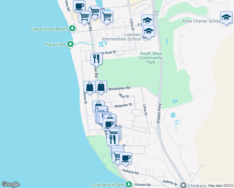 map of restaurants, bars, coffee shops, grocery stores, and more near 87 Alena Place in Kihei