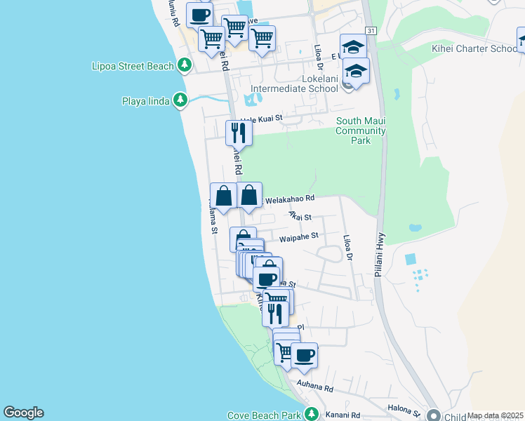 map of restaurants, bars, coffee shops, grocery stores, and more near 42 East Welakahao Road in Kihei