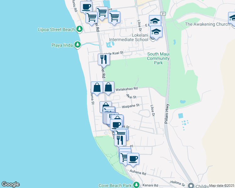 map of restaurants, bars, coffee shops, grocery stores, and more near 58 East Welakahao Road in Kihei