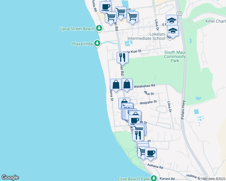 map of restaurants, bars, coffee shops, grocery stores, and more near 1639 Halama Street in Kihei