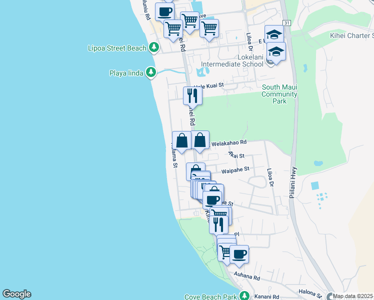 map of restaurants, bars, coffee shops, grocery stores, and more near 1627 South Alaniu Place in Kihei