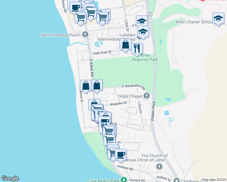 map of restaurants, bars, coffee shops, grocery stores, and more near 114 Akai Street in Kihei