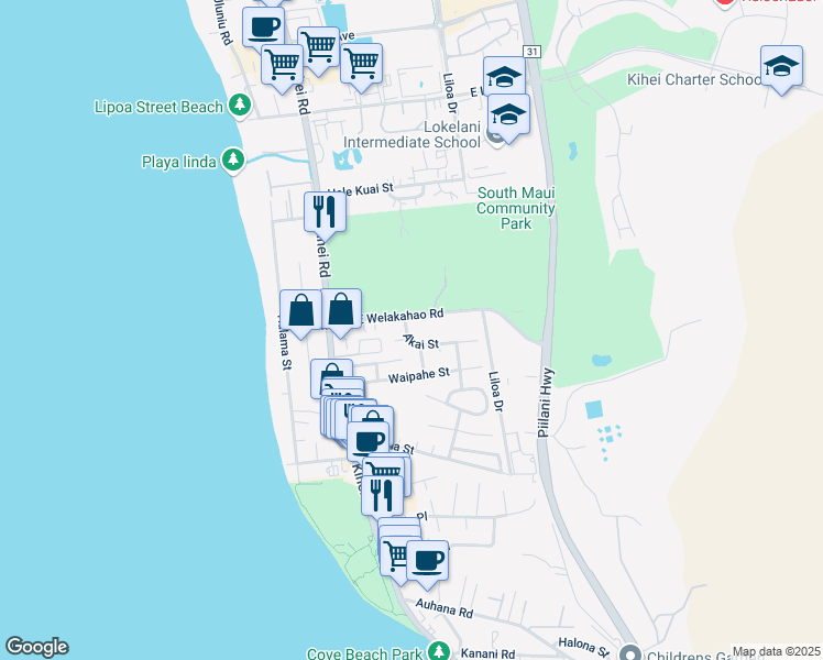 map of restaurants, bars, coffee shops, grocery stores, and more near 123 Akai Street in Kihei