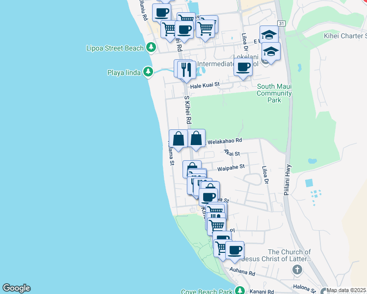 map of restaurants, bars, coffee shops, grocery stores, and more near 1627 South Alaniu Place in Kihei