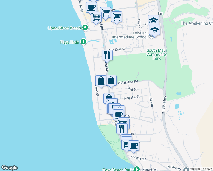 map of restaurants, bars, coffee shops, grocery stores, and more near 11 West Welakahao Road in Kihei