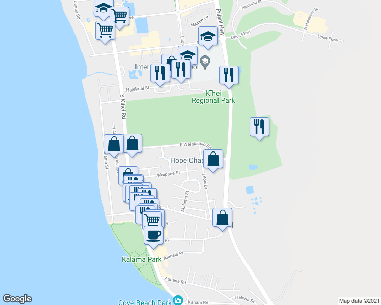 map of restaurants, bars, coffee shops, grocery stores, and more near 200 East Welakahao Road in Kihei
