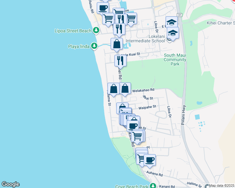 map of restaurants, bars, coffee shops, grocery stores, and more near 23 West Welakahao Road in Kihei