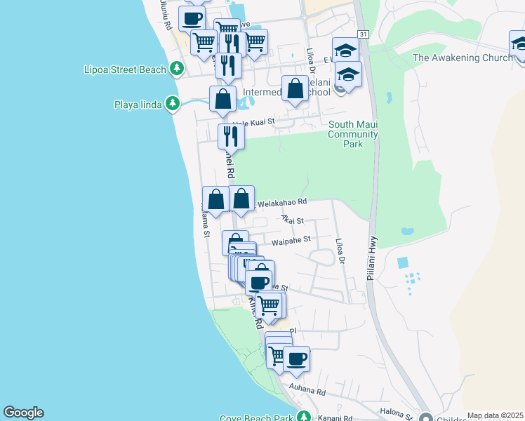 map of restaurants, bars, coffee shops, grocery stores, and more near 58 East Welakahao Road in Kihei