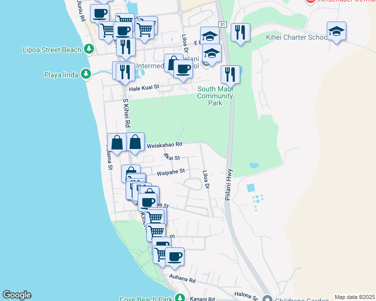 map of restaurants, bars, coffee shops, grocery stores, and more near 165 East Welakahao Road in Kihei