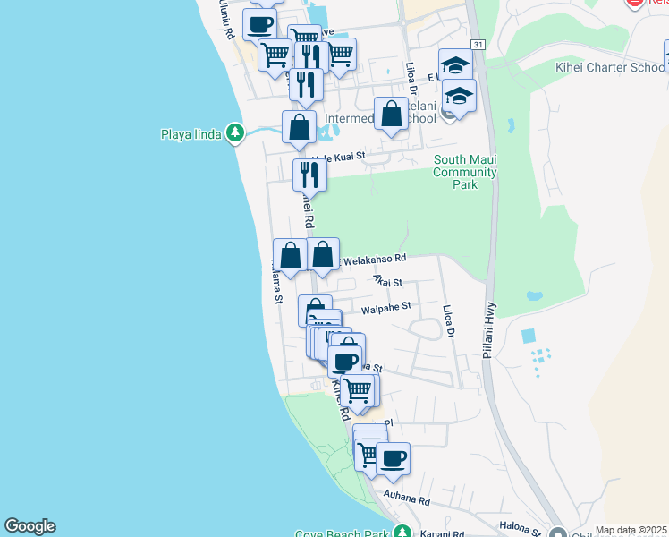map of restaurants, bars, coffee shops, grocery stores, and more near 34 East Welakahao Road in Kihei