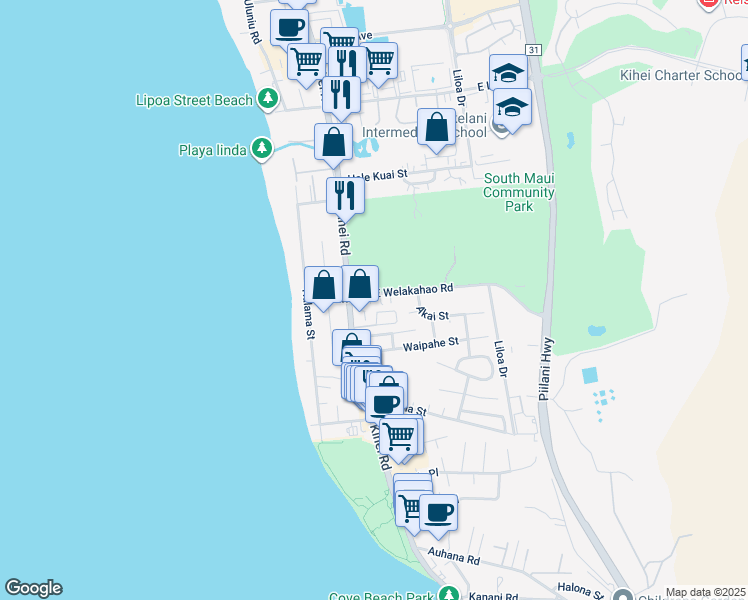 map of restaurants, bars, coffee shops, grocery stores, and more near 34 East Welakahao Road in Kihei