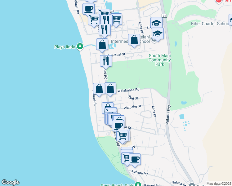 map of restaurants, bars, coffee shops, grocery stores, and more near 42 East Welakahao Road in Kihei