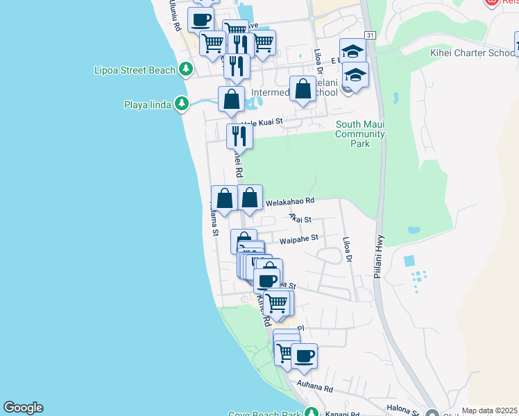 map of restaurants, bars, coffee shops, grocery stores, and more near 42 East Welakahao Road in Kihei