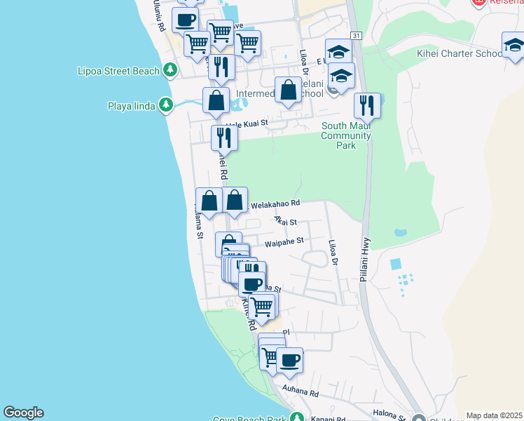 map of restaurants, bars, coffee shops, grocery stores, and more near 72 East Welakahao Road in Kihei