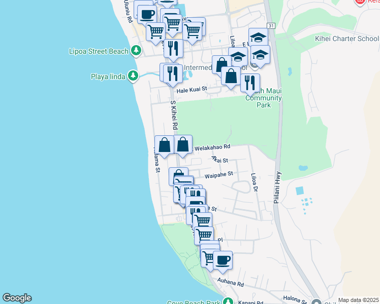 map of restaurants, bars, coffee shops, grocery stores, and more near 34 East Welakahao Road in Kihei