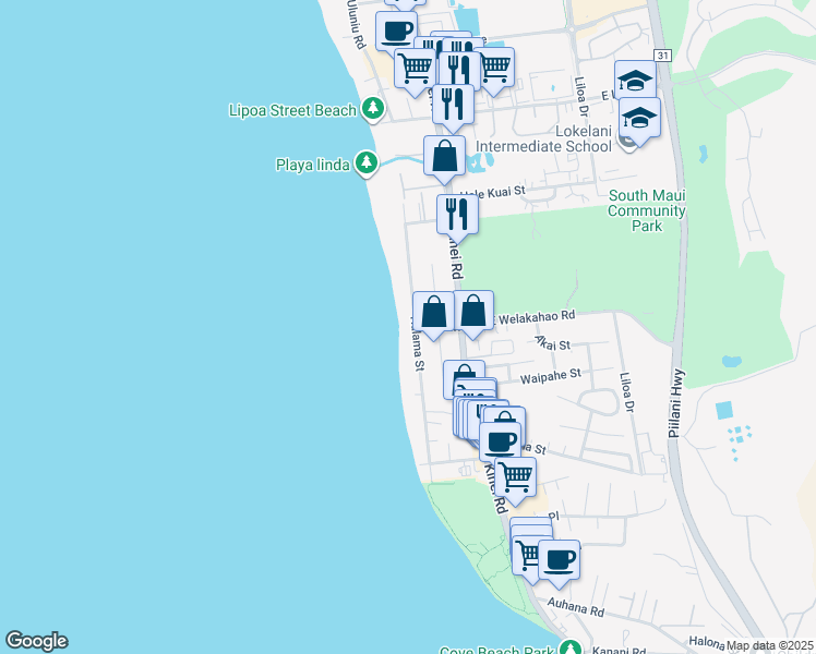 map of restaurants, bars, coffee shops, grocery stores, and more near 1614 Halama Street in Kihei