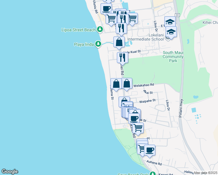 map of restaurants, bars, coffee shops, grocery stores, and more near 1614 Halama Street in Kihei