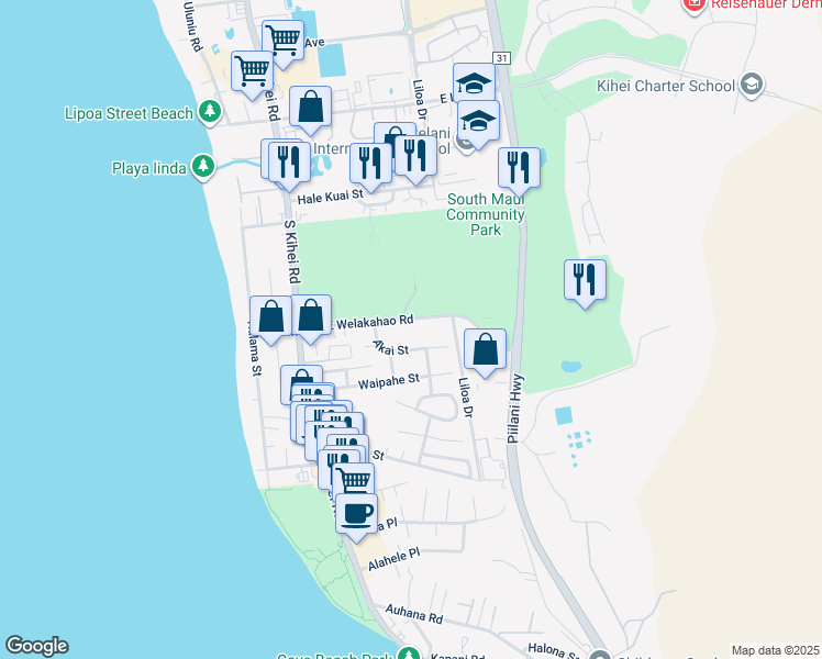 map of restaurants, bars, coffee shops, grocery stores, and more near 150 East Welakahao Road in Kihei