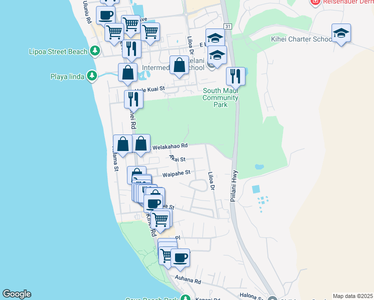 map of restaurants, bars, coffee shops, grocery stores, and more near 150 East Welakahao Road in Kihei
