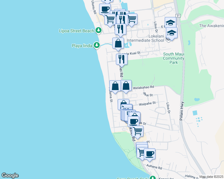 map of restaurants, bars, coffee shops, grocery stores, and more near 1609 Halama Street in Kihei